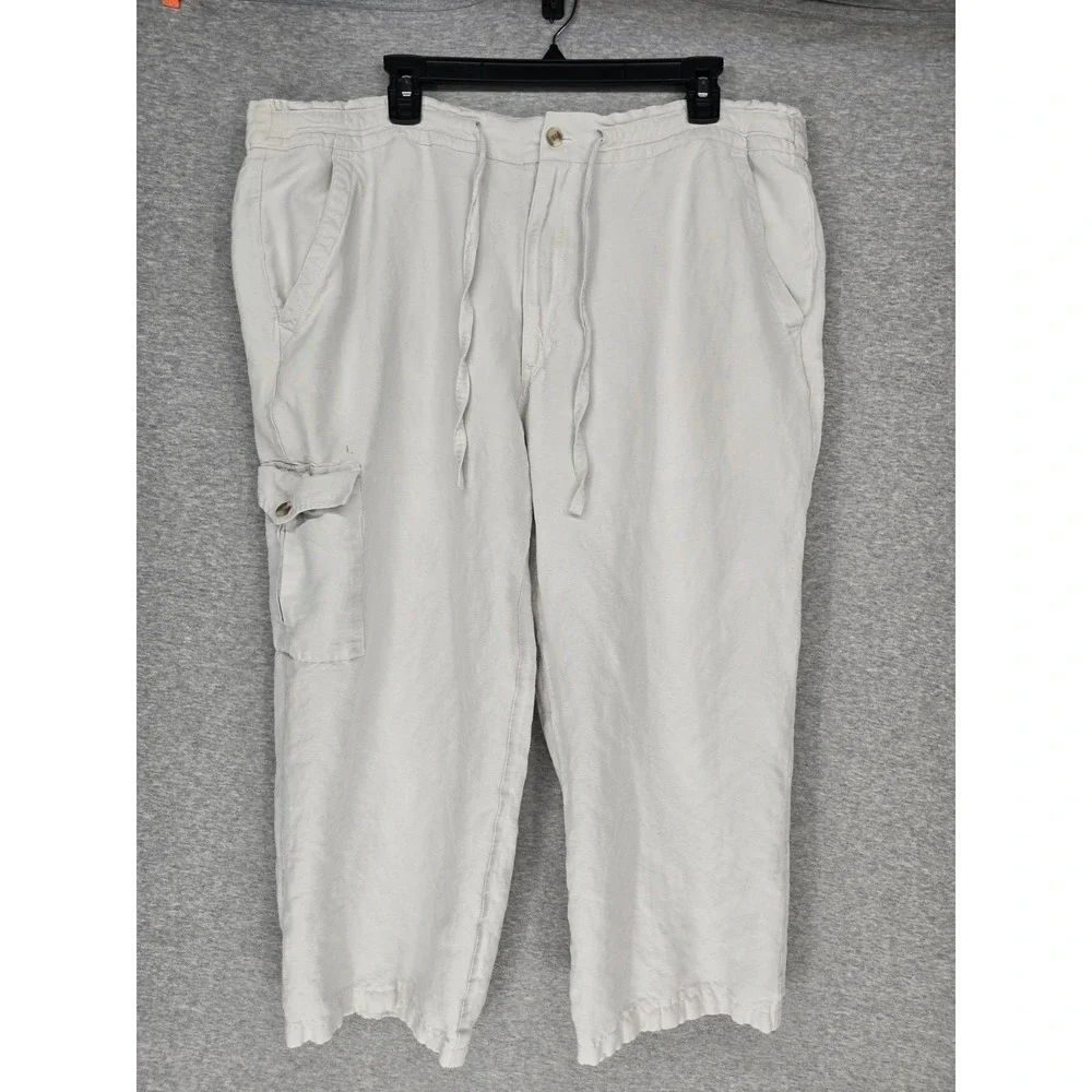 Perry Ellis Linen Blend Cargo Pant Men's 42x24 Beige Straight Leg Lightwght Flaw
